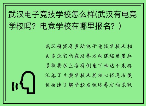 武汉电子竞技学校怎么样(武汉有电竞学校吗？电竞学校在哪里报名？)